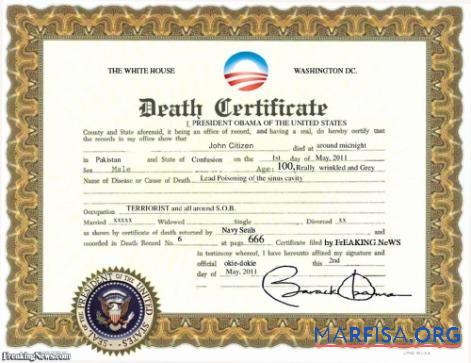 Blank USA The White House death certificate template